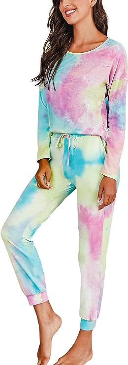 Banamic Womens Tie Dye Print Shirt Top and Pants PJ Set Nightwear Loungewear | Amazon (US)