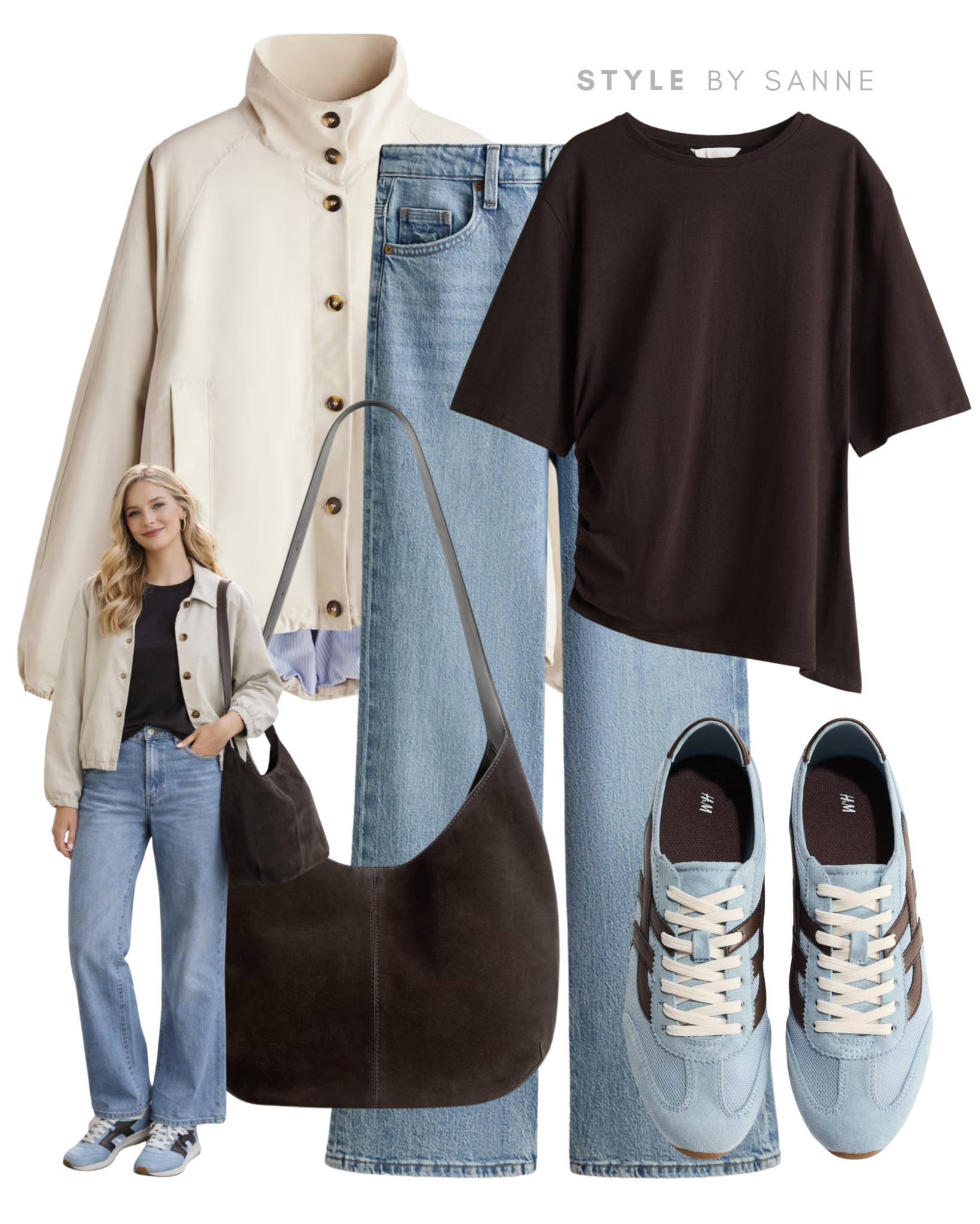 A soft beige jacket paired with light denim creates a fresh, effortless base. Styled with a deep brown tee, retro sneakers and a matching slouchy bag for a relaxed, tonal everyday look.🤎

#LTKspring #LTKworkwear #LTKstyletip