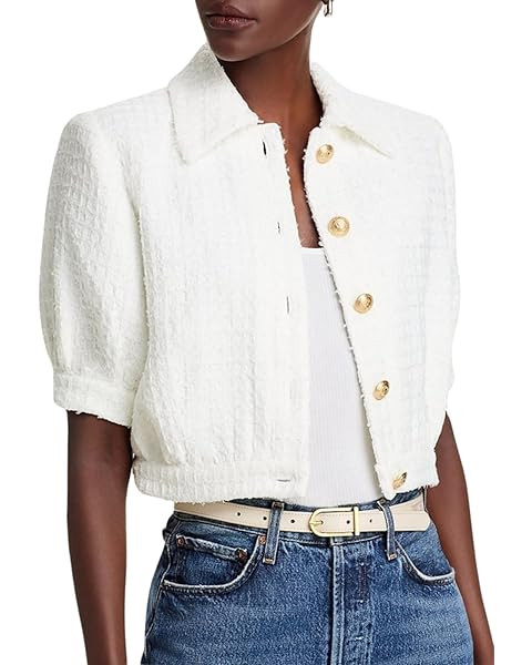 Women's Cropped Tweed Blazer Puff Sleeves Short Sleeve Jacket with Gold Buttons | Amazon (US)