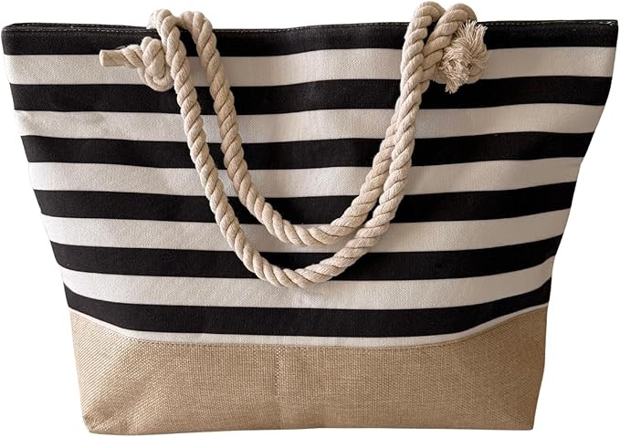 Large Canvas and Jute Beach Bag with Zipper and Rope Handles — Striped Boho Tote for Women, Ove... | Amazon (US)
