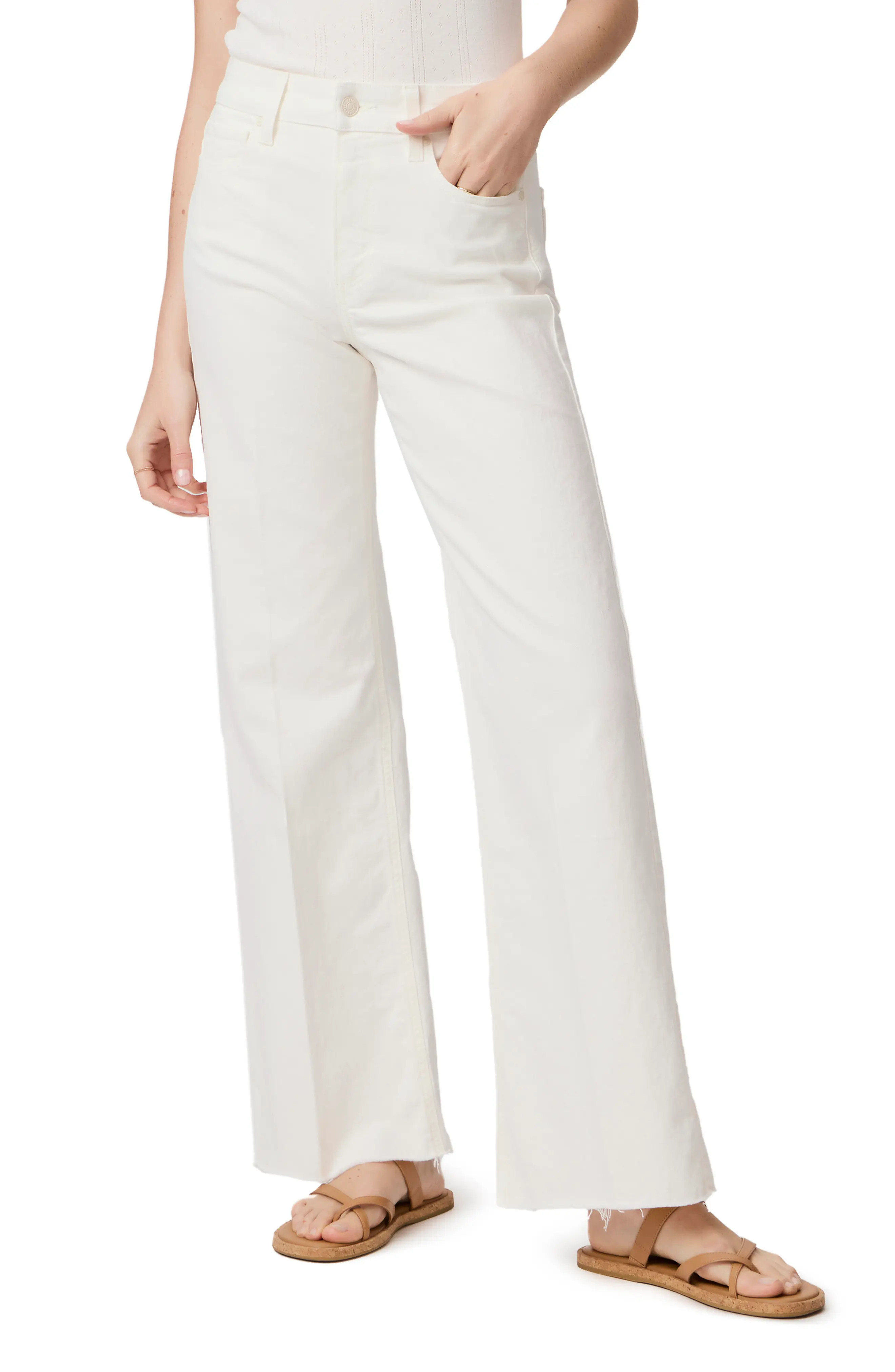 PAIGE Anessa Raw Hem High Waist Wide Leg Jeans in Tonal Ecru at Nordstrom, Size 30 | Nordstrom