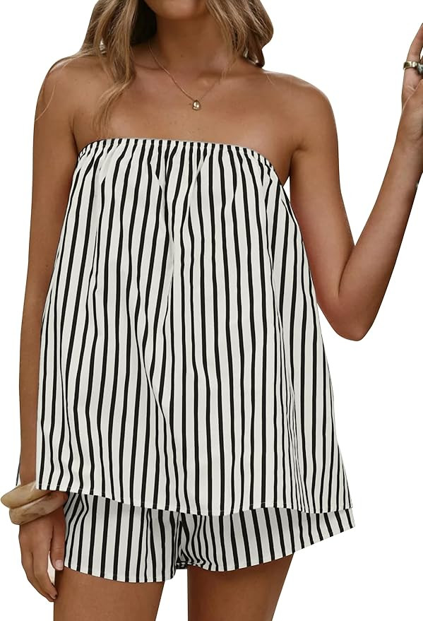 Women 2 Piece Matching Sets Striped Tube Tops Shorts Set Summer Vacation Outfits Y2K Going Out To... | Amazon (US)