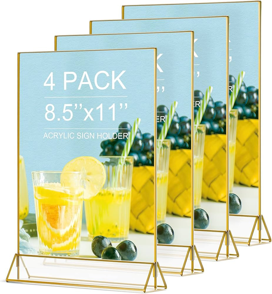 4Pack 8.5x11 Gold Picture Frame Acrylic Sign Holder,Wedding Signs Table Numbers Menu Holders | Amazon (US)