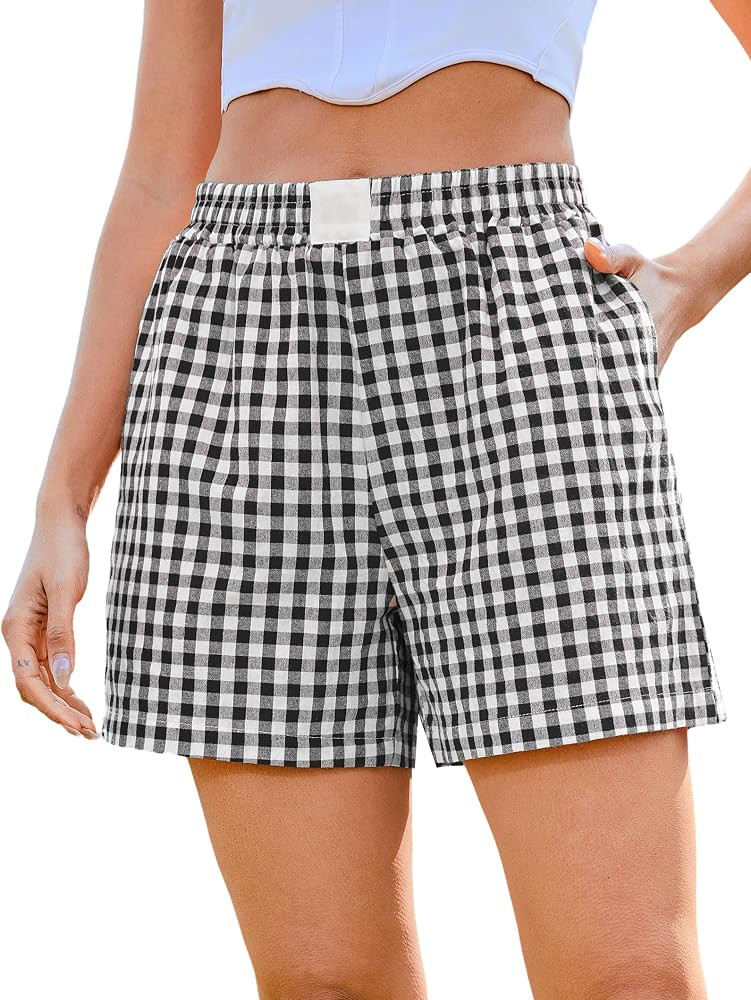 Marvmys Womens Boxer Shorts Cotton Plaid Gingham Shorts Summer Elastic Waist Pajama Buttoms with ... | Amazon (US)