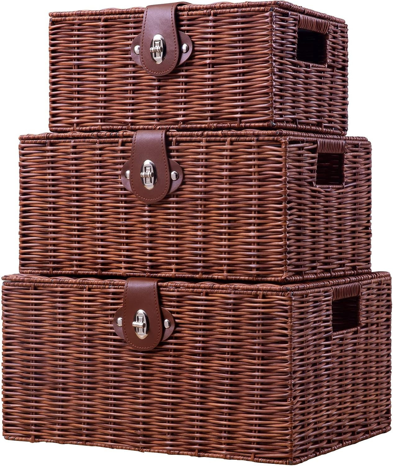 Set of 3 Woven Wicker Storage Basket Box with Lids & Lock, Built-in Carry Handles, Multifunctional Storage Organizer for Nursery, Baby, Toys, CLoset, DVD Large/Medium/Small Size (Natural) | Amazon (US)