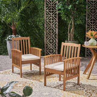 2-Pieces Outdoor Wood Dining Chairs with Beige Cushions for Garden in Brown | The Home Depot