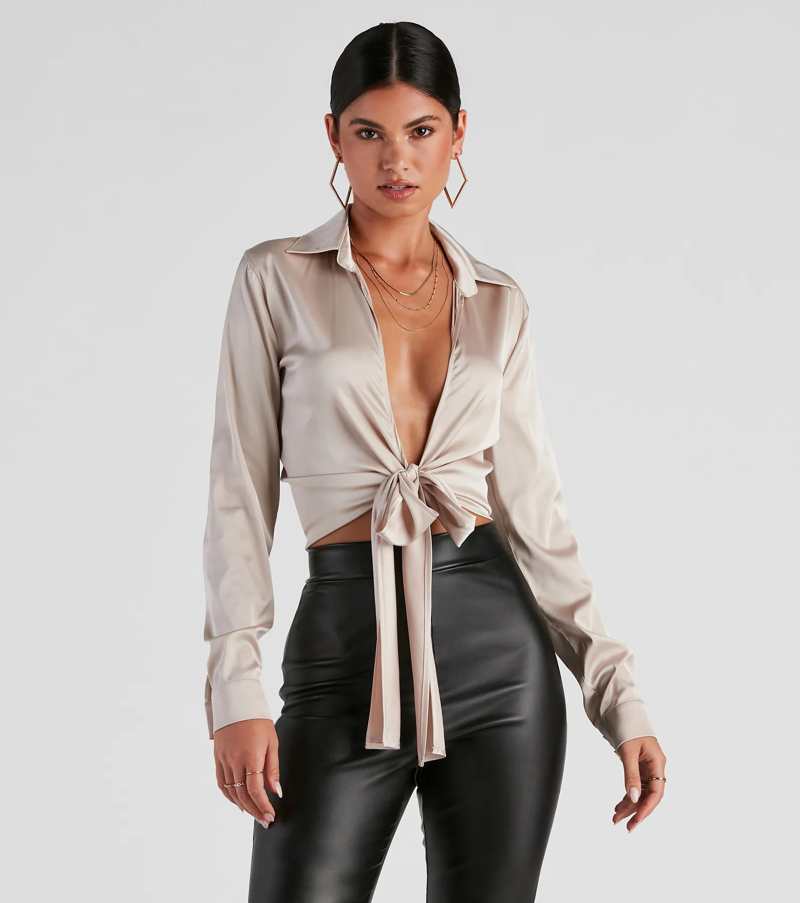 So Sleek Satin Tie-Front Blouse | Windsor Stores