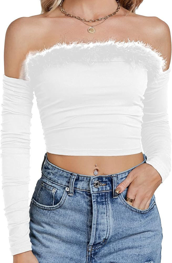 Rooscier Women's Off Shoulder Long Sleeve Feather Sexy Crop Top Tee Blouse | Amazon (US)