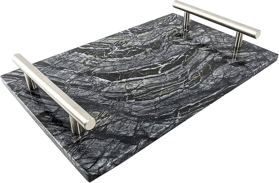 BustleDust Luxury Black Marble Decorative Tray with Silver Handles, Handmade Marble Tray, Dresser... | Amazon (US)