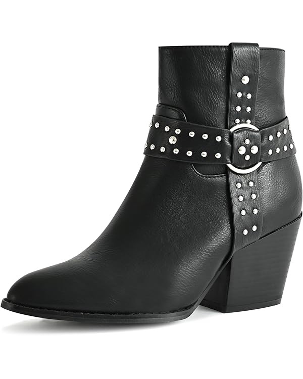 Chunky Stacked Heel Ankle Boots for Women Pointed Toe Chelsea Combat Boots Mid Calf Side Zipper S... | Amazon (US)