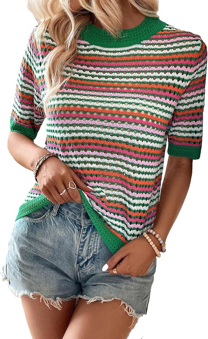 Verdusa Women's Hollow Out Striped Short Sleeve Mock Neck Knit Tee Top Pullovers | Amazon (US)