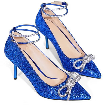 BLISSFUL STEP Women's Rhinestone Bow Glitter Pointed Toe Stiletto Heel Pumps Royal Blue 8 | Target