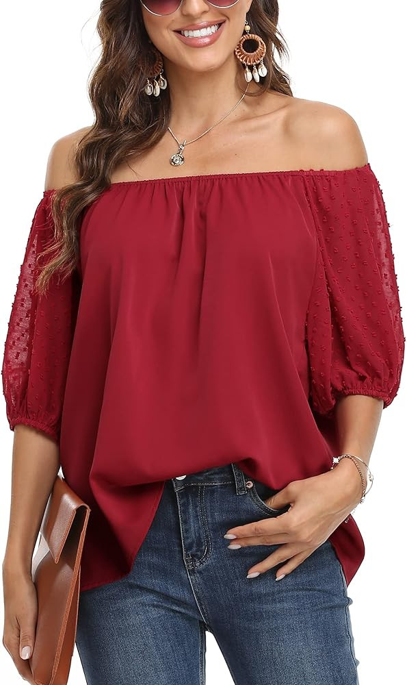Leereya Women's Off The Shoulder Tops Summer Casual Dressy Blouse Chiffon 3/4 Sleeve Business Work S | Amazon (US)