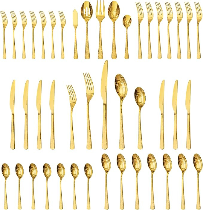 KINGSTONE Gold Hammered Silverware Set, Flatware Set with Serving Utensils, 18/10 Stainless Steel... | Amazon (US)