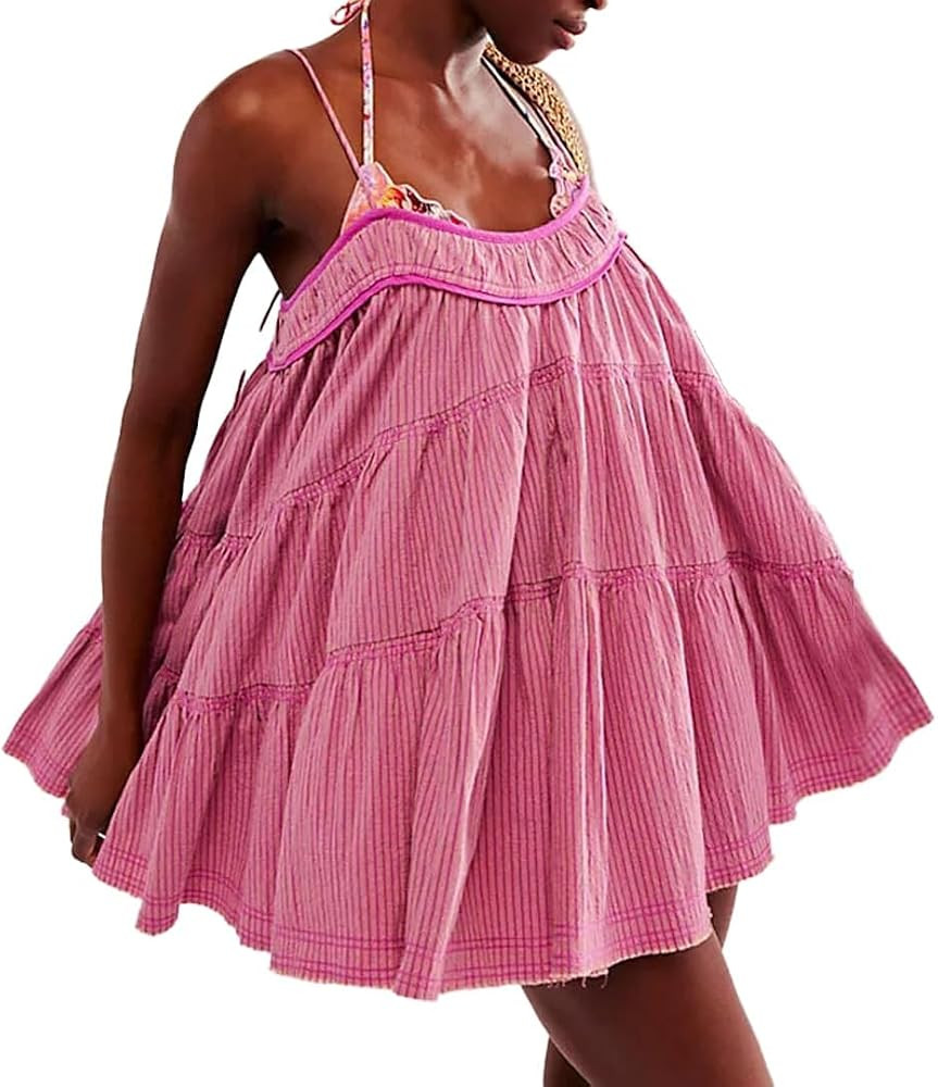 Summer Striped Ruffle Mini Dress Spaghetti Strap Dress for Women Tie Backless A-Line Tiered Loose... | Amazon (US)