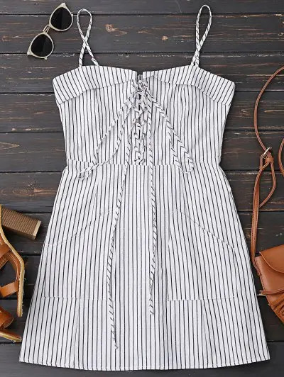 Lace Up Striped Pockets Slip Mini Dress | ZAFUL (Global)
