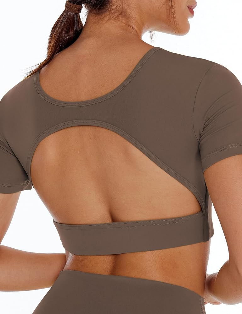 ENERBLOOM Open Back Workout Crop Tops for Women Backless Yoga Shirts Gym Short Sleeve Mild Suppor... | Amazon (US)