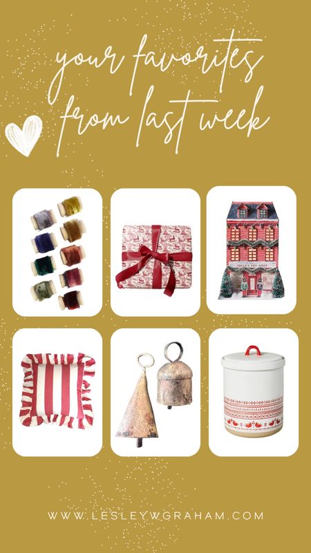 Last week’s top sellers. Velvet ribbon. Beautiful wrapping paper. Christmas village. Christmas pillow. Vintage Christmas bells. Cookie jar. Christmas at target. 
