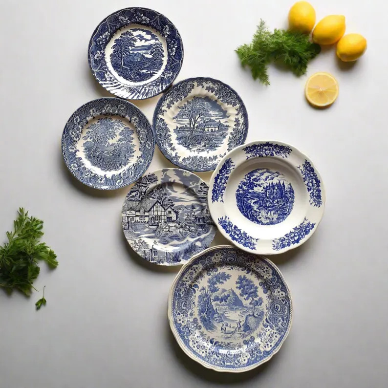 Mismatched Blue & White Transferware Plates: Vintage China Set of 6 - Etsy | Etsy (Global)