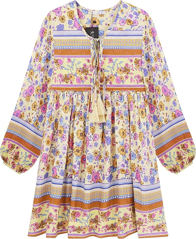 R.Vivimos Womens Long Sleeve Floral Casual Print Cotton Mini Tunic Dress | Amazon (US)