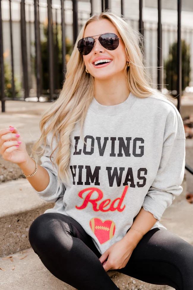 Loving Him Was Red Grey Oversized Graphic Sweatshirt | Pink Lily