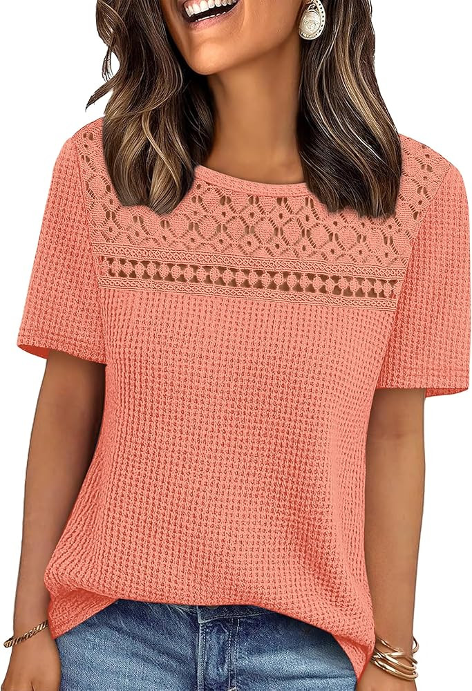 OFEEFAN Womens Tops Dressy Casual Short Sleeve Shirts Boho Crochet Lace Waffle Knit Plus Size Fas... | Amazon (US)