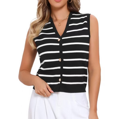 INSPIRE CHIC Women's V-Neck Sleeveless Button Down Knitted Striped Sweater Vest Small Black | Target