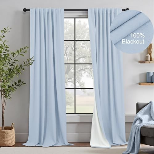 Light Blue Curtains 84 Inch Length for Bedroom 2 Panel Back Tab Pocket Pale Sky Colored Darkening Insulated Thermal Country Farmhouse Linen Blackout Curtain for Living Room Black Out Long Drape Window | Amazon (US)