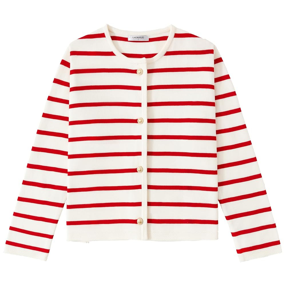 Women's Striped Cardigan Sweater Trendy Long Sleeve Button Down Crewneck Knit Cardigans | Amazon (US)