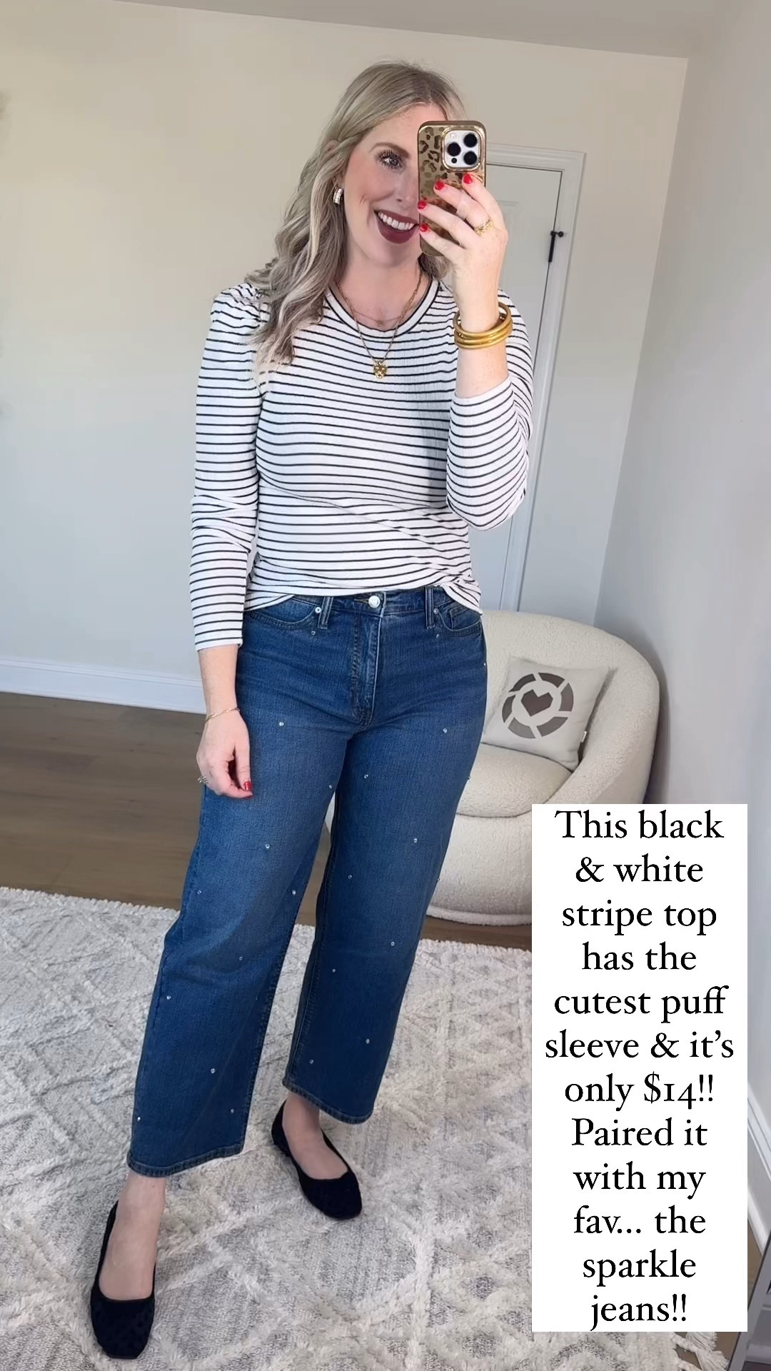 Walmart try on, Walmart outfit, Walmart fashion, black and white stripe puff sleeve, sparkle jeans 

Medium 

#LTKSeasonal #LTKVideo #LTKFindsUnder50
