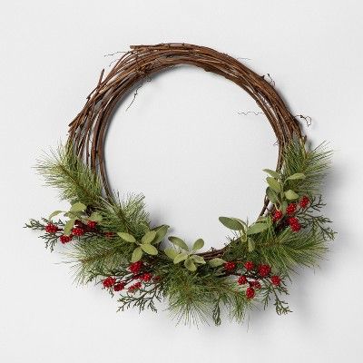 18" Faux Pine Wreath with Red Berries - Hearth & Hand™ with Magnolia | Target