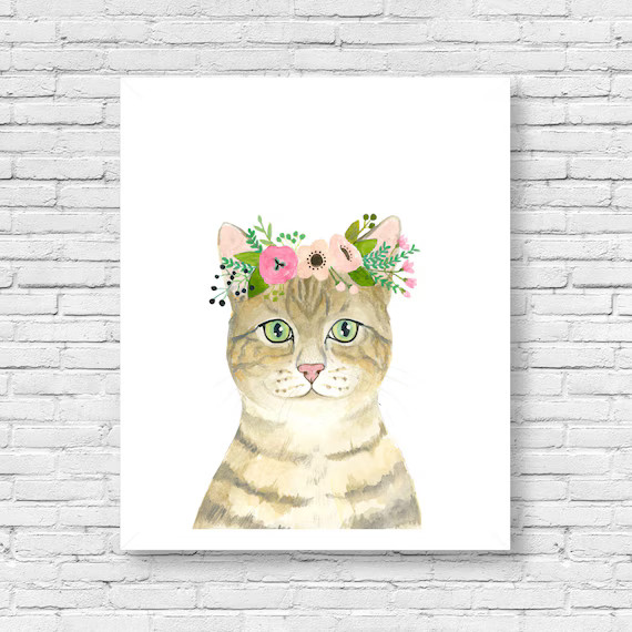 Watercolor Orange Tabby Cat Flower Crown Cat Animal - Etsy | Etsy (US)