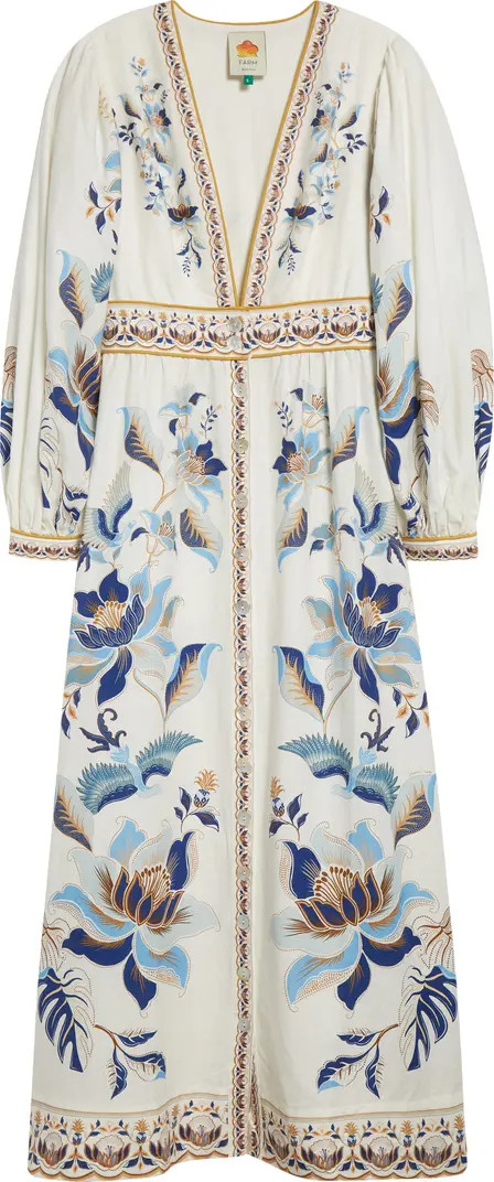 Mystic Blue Lotus Placed Print Long Sleeve Linen Blend Maxi Dress | Nordstrom