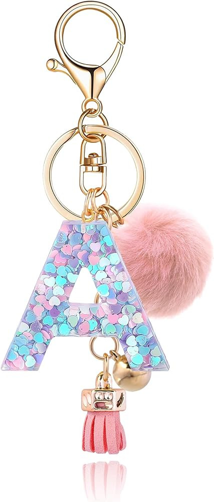Resin Alphabet Initial Letter Keychain Keyring for Women Purse Handbags With Fur Ball Pom | Amazon (US)