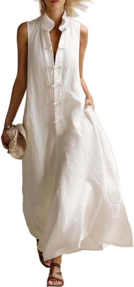 Linen Dress Women Spring Summer Cotton Frog Button Stand Collar Flowy Maxi Dress Sleeveless Cute ... | Amazon (US)