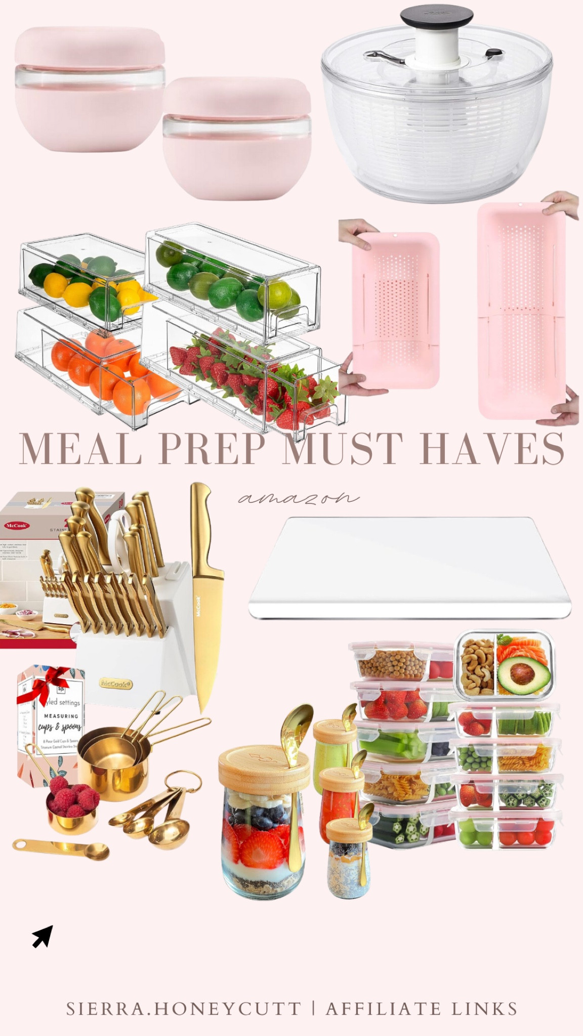 Meal prep must haves, glass food storage, colander, gold knives, gold measuring cups, produce drawers, clear cutting board 

#LTKhome #LTKSeasonal #LTKfindsunder100