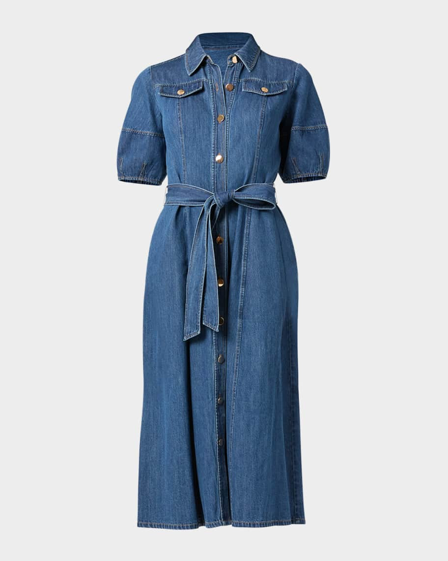 Shoshanna Mara Puff-Sleeve Denim Midi Shirtdress | Neiman Marcus