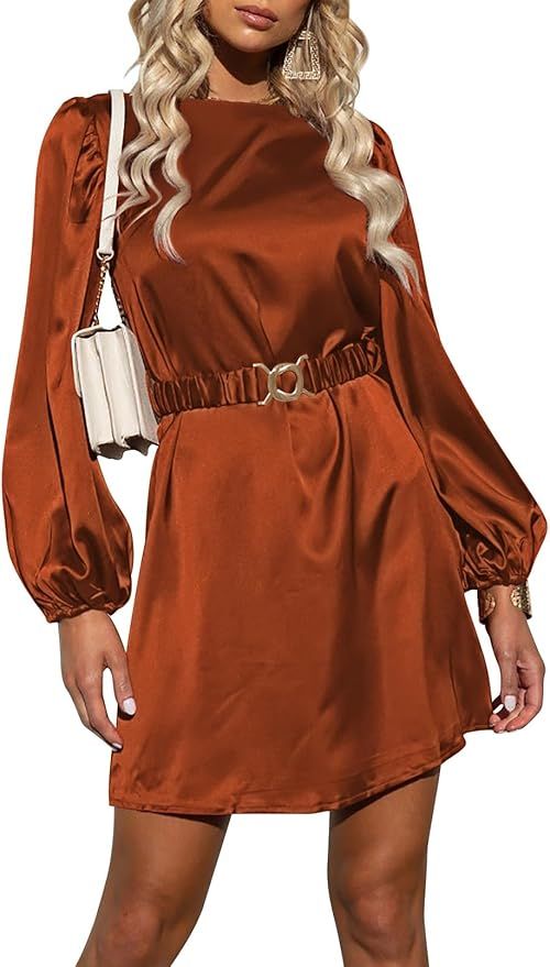 HUUSA Women's 2023 Fall Fashion Satin Mini Dress Elegant Puff Long Sleeve High Waist Cocktail Par... | Amazon (US)