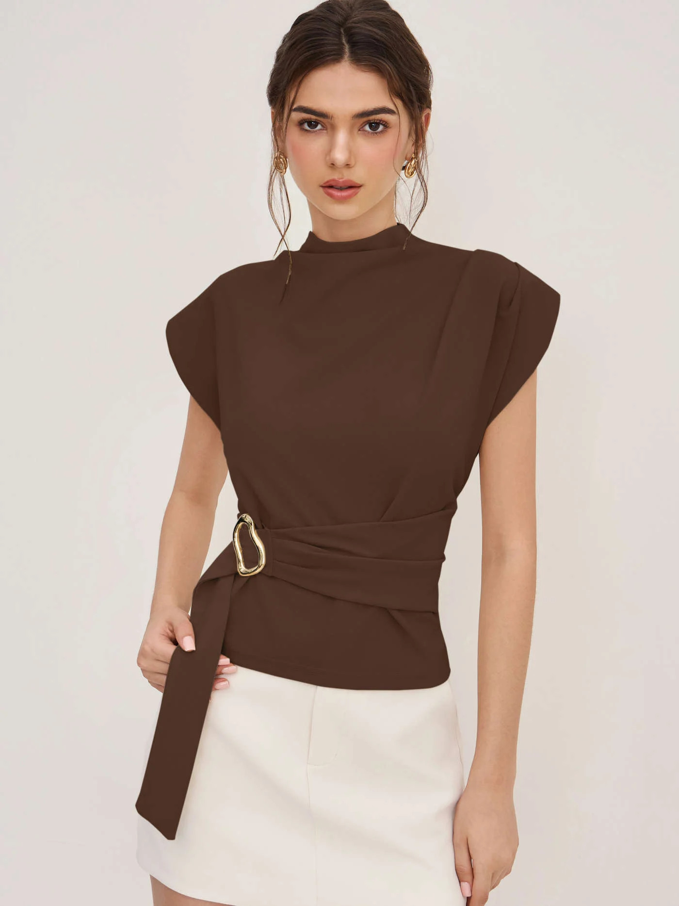 Stand Collar Belted Short Sleeve Top | Cider