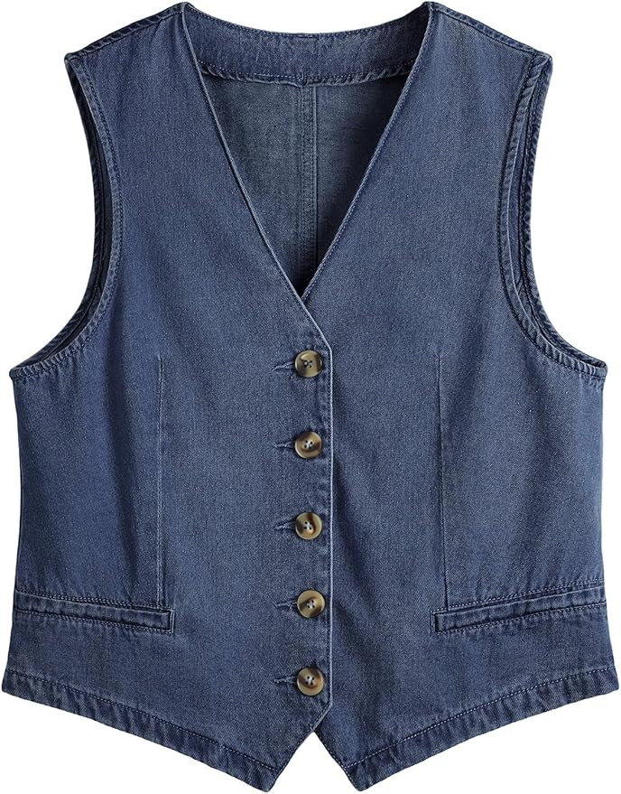 AUTOMET Jean Vest Tops for Women Denim Top Button Down Waistcoat 2024 Fall Sleeveless V Neck Top ... | Amazon (US)