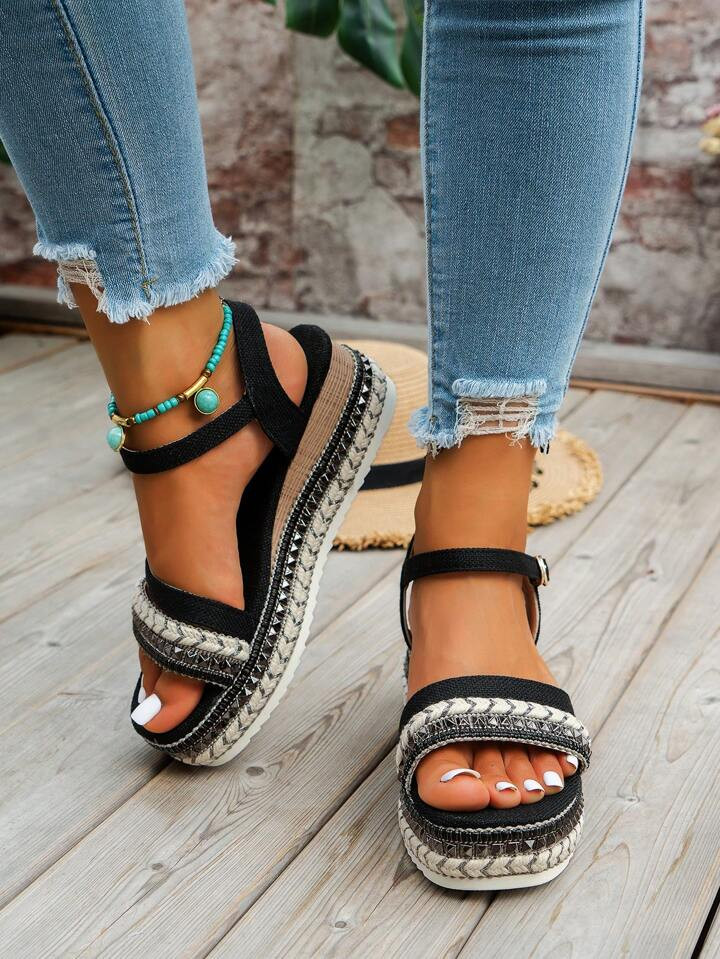 Women's Black Woven Strap Wedge Sandals With Rivets And Thick Soles, Rope Bottom Slide Sandals Fo... | SHEIN