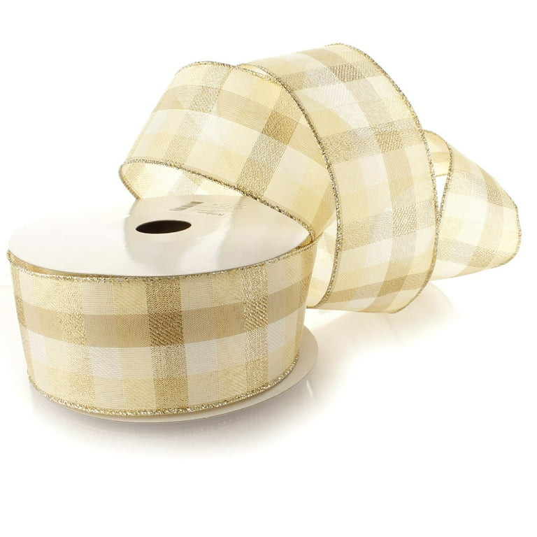 Ribbon Traditions 2 1/2" Wired Ribbon Cream / Gold Shimmer Plaid 10 Yards | Walmart (US)