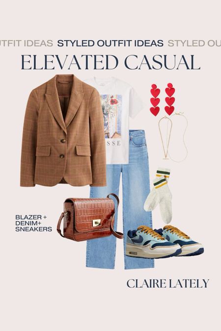 Styled outfit idea: elevated casual for work or weekend. Blazer over a tee paired with easy wide leg denim. Sneakers, cross body bag, stripe socks. Accessories of drop heart earrings and layered gold and pearl necklaces. 
Love, Claire Lately 
❤️ Claire Lately 

#LTKshoecrush #LTKstyletip #LTKworkwear
