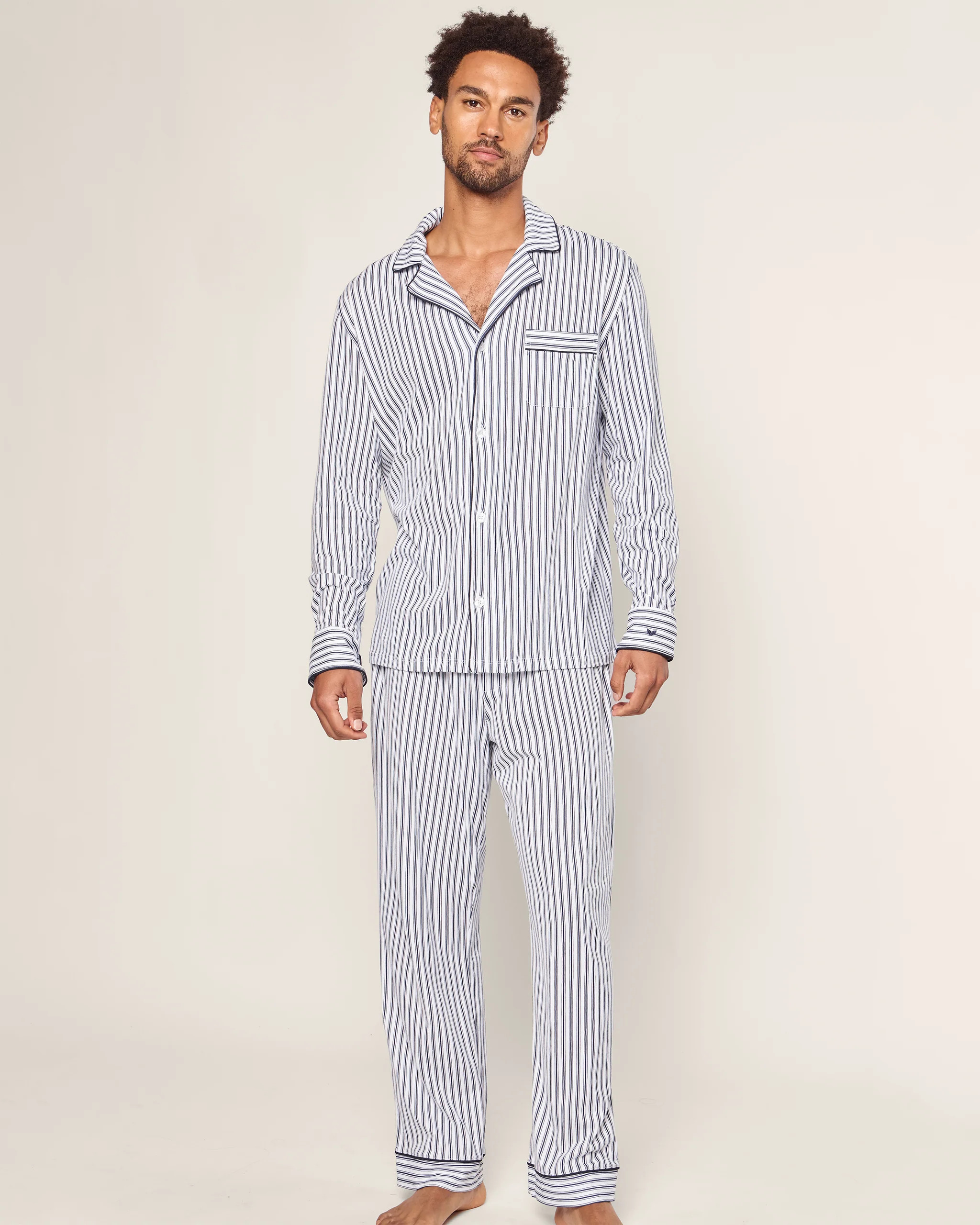 Men's Pima Pajama Set in Navy French Ticking | Petite Plume