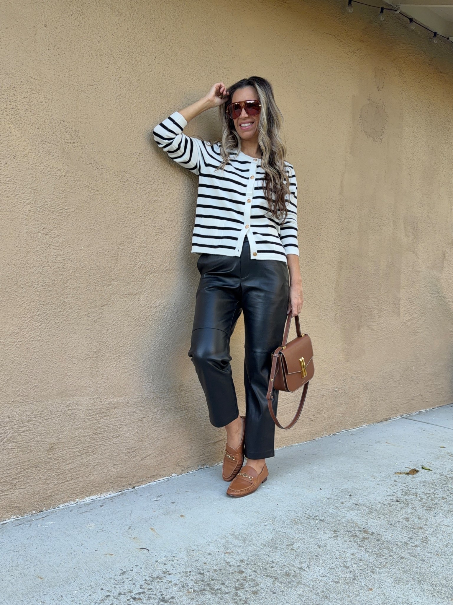 Striped cardigan sz S
Faux leather pants sz XS
cognac camel loafers true to size 


#LTKOver40 #LTKWorkwear #LTKFindsUnder100