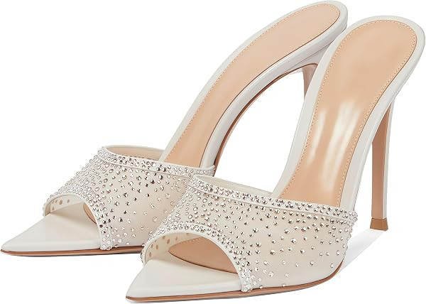 Goolita Suede Open Pointed Toe Sparkle Crystal Mesh Mule Heels For Women Slip On Stiletto Heels Sandals Sexy Backless Party Heeled Slide Sandals | Amazon (US)