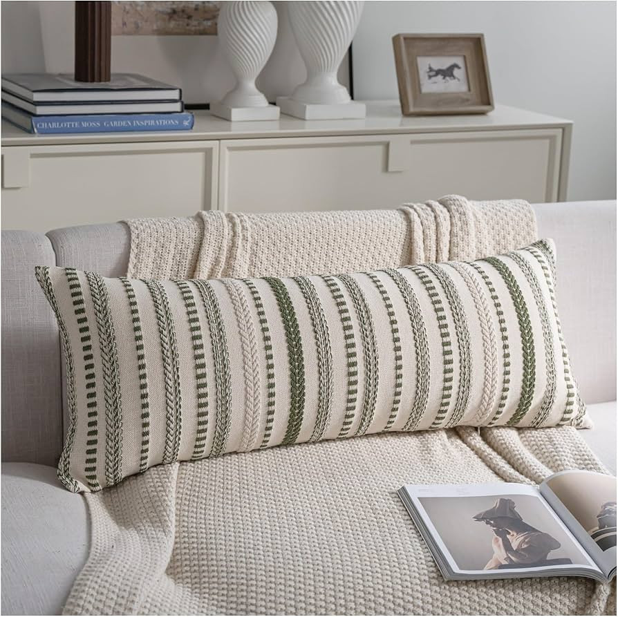 Cethom Green Boho Lumbar Pillow Covers 14x36 Long, Stripe Textured Decorative Couch Pillow Cases ... | Amazon (US)