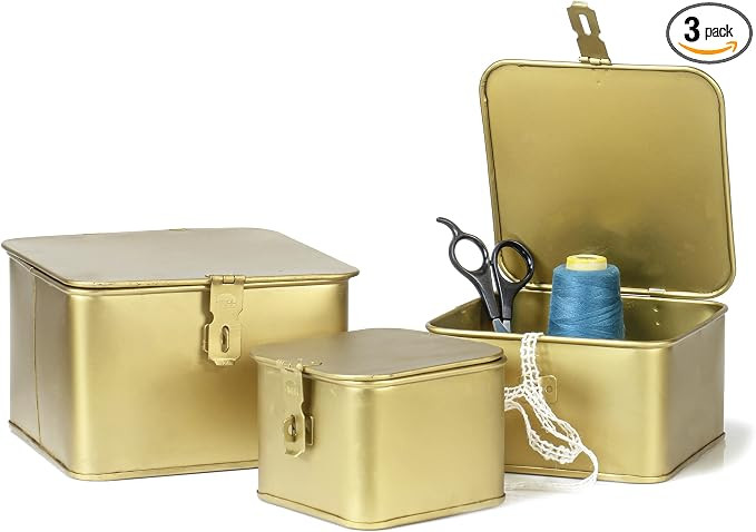 Red Co. Set of 3 Decorative Square Tub Metal Bucket Storage Boxes with Lids, Brass Finish | Amazon (US)