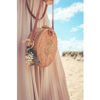 Real Dried Baby Eucalyptus and Babys Breath Balinese Round Rattan Crossbody Bag Rattan Woven bag Boh | Etsy (US)