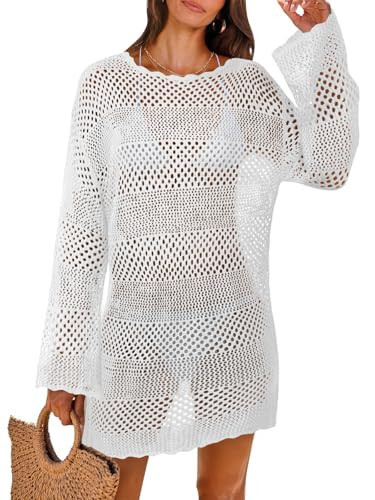 MixShe Beach Vacation Clothes for Women 2025 Fashion Cover up Summer Dresses Crochet Swim Suits Womens Bathing Outfits Cream Small | Amazon (US)